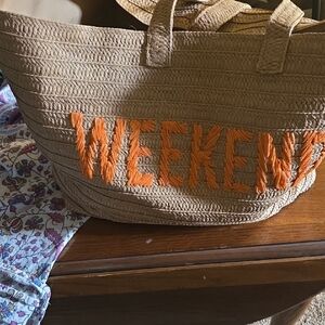 Weekend Embroidered Straw Tote - Beige with Orange Lettering